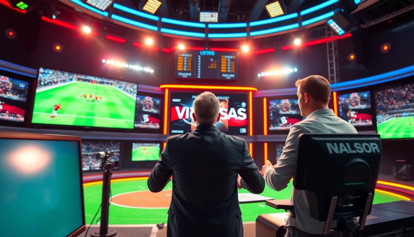 Engaging sports broadcasting scene with commentator in a modern studio showcasing live action.