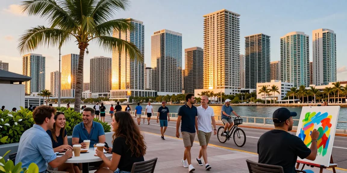 Aktivitas di Miami 4D selama senja, dengan skyline yang megah dan individu bersenang-senang.