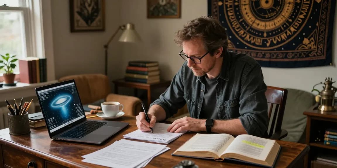 T Allen Greenfield writing at his desk surrounded by books on spirituality and UFO phenomena at https://tallengreenfield.com.