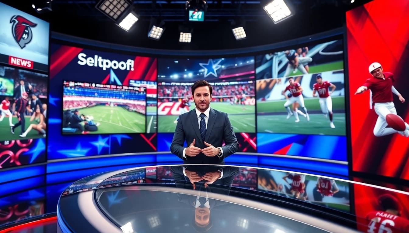 Sports Broadcasting anchor presenting in a modern studio, highlighting energetic atmosphere.