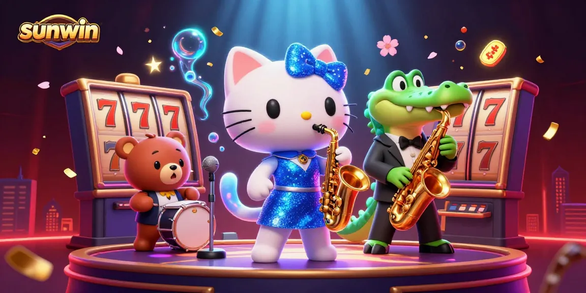 Experience the thrill of sunwin with a lively performance by a jazz-singer cat in a vibrant casino scene.