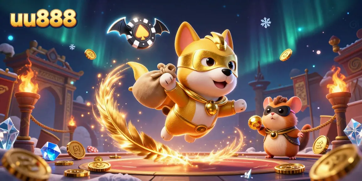 uu888 soaring above a dynamic casino landscape adorned with gold coins and festive elements.