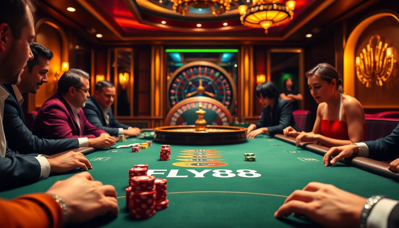 Experience exciting poker action at FLY88's luxurious casino with vibrant chips and cards.
