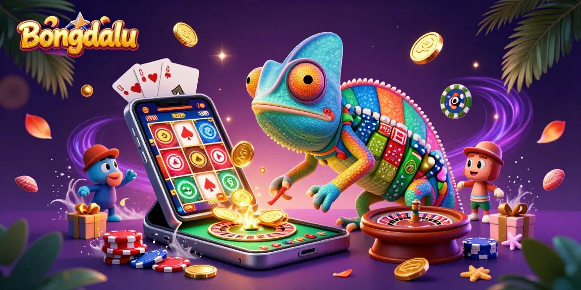 Bongdalu engages players with an animated chameleon celebrating casino wins amidst dynamic gaming elements.