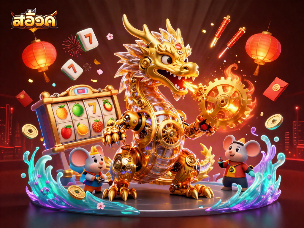 Play สล็อต with a golden dragon and dynamic slot elements in an engaging 3D scene.
