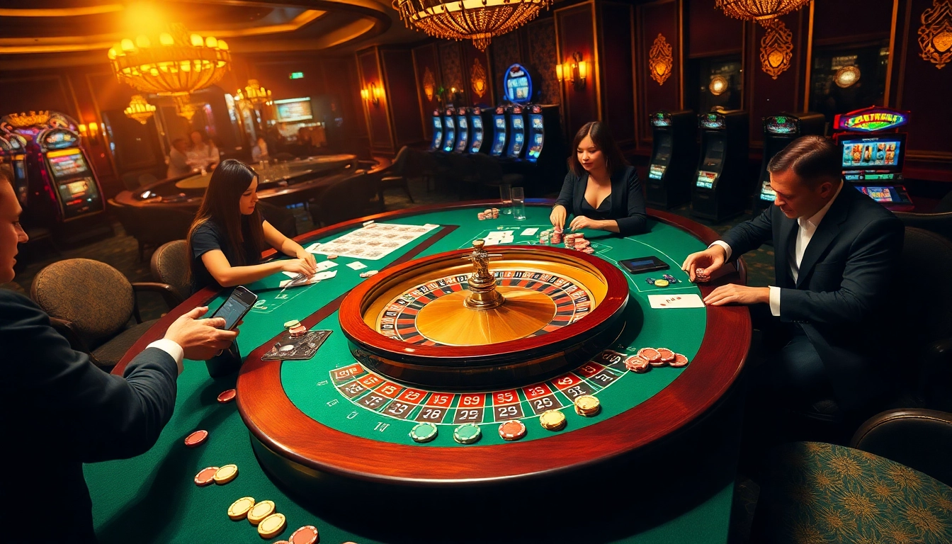 Experience the thrill of BJ388 with players engaged at a roulette table in a luxurious casino setting.