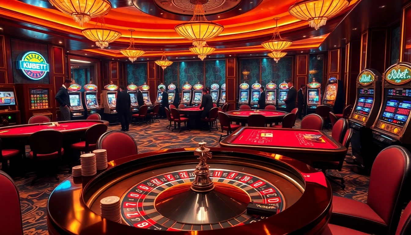 Kubet KYC vibrant casino scene featuring players at roulette and card tables, showcasing thrilling gambling action.