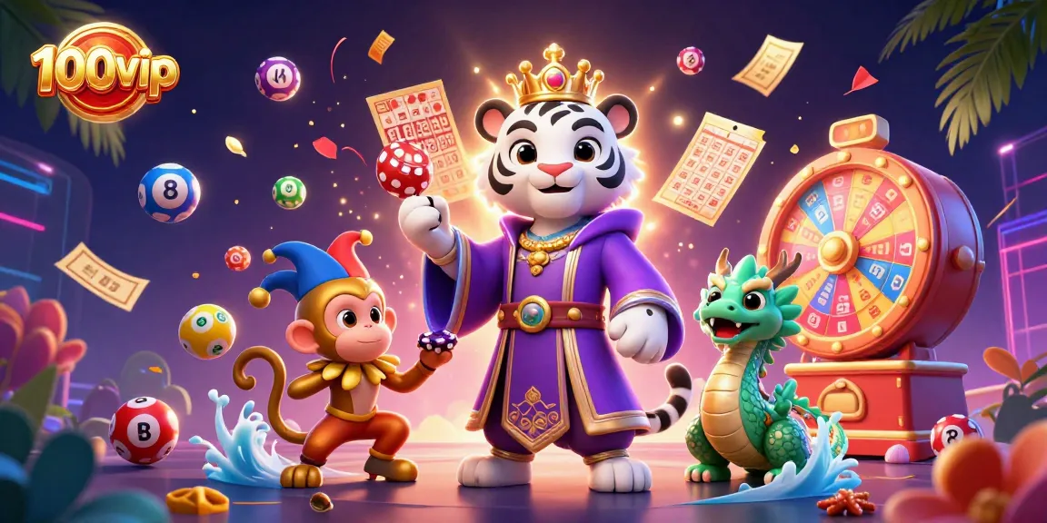 Engage with 100vip’s vibrant gaming world featuring a royal tiger, jester monkey, and dragon amidst colorful lottery elements.
