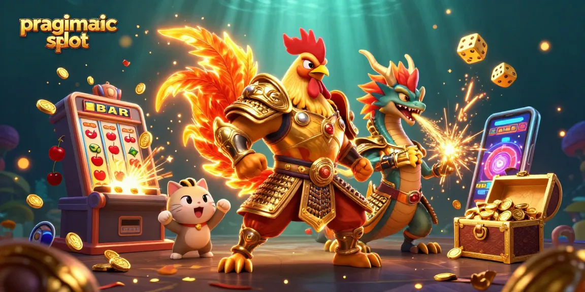 Engage with the exciting pragmatic slot scene featuring a rooster warrior and dragon with vibrant casino elements.