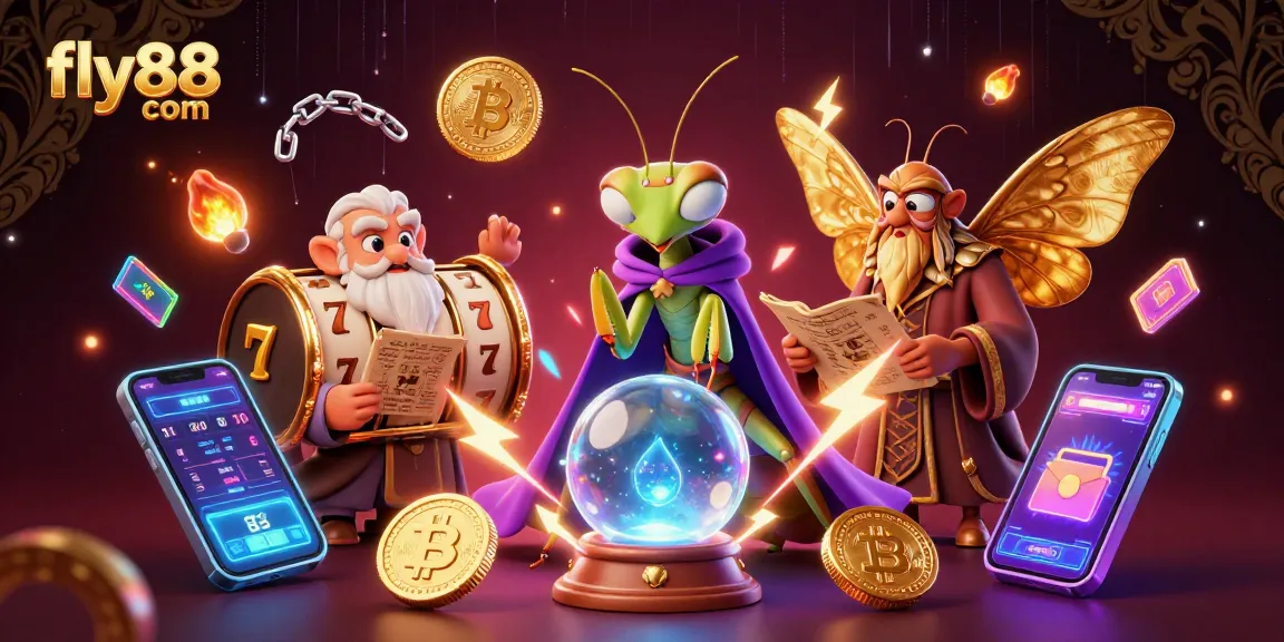 Experience winning at fly88 com with a vibrant illustration of fortune tellers and casino elements.