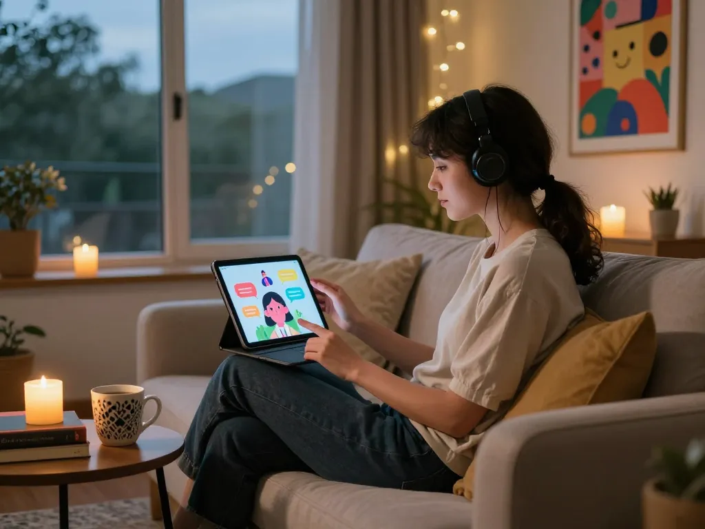 Cozy room where user engages in ai chat nsfw on tablet, warm lighting and vibrant atmosphere.