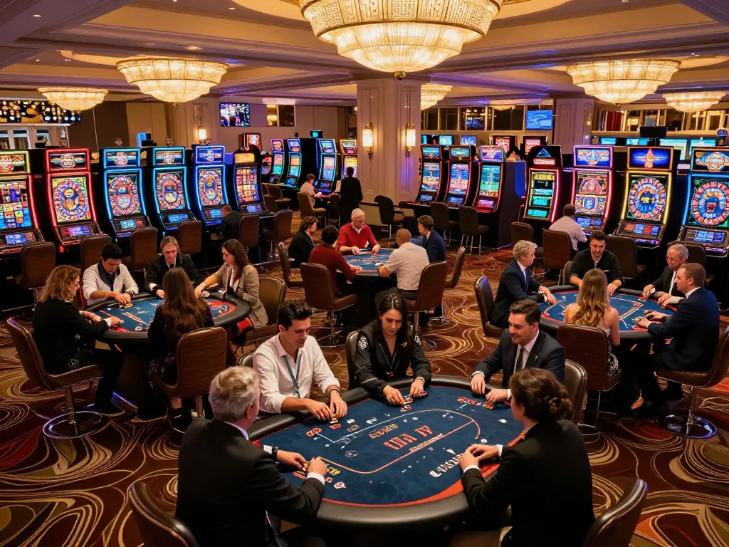 Players enjoying F8BET games at a lively casino, vibrant tables illuminated by chandeliers.