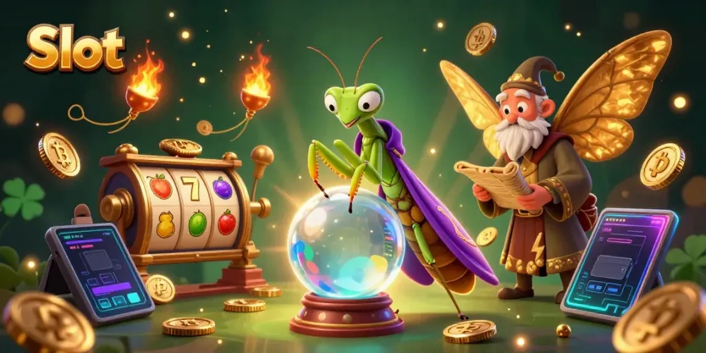 Slot dengan karakter unik dalam ilustrasi kasino, mempesona dan penuh detail.