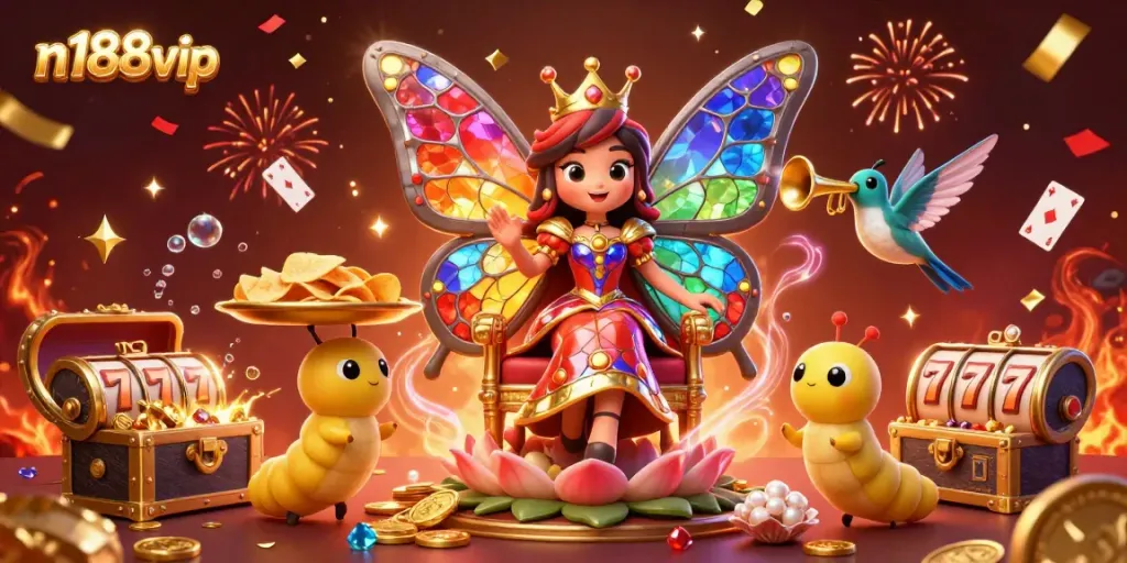 Experience fun and thrill at n188vip with a vibrant scene of slots and a butterfly queen.
