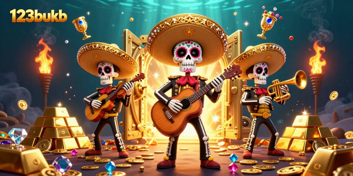 Play big at 123bukb with a lively mariachi band and golden treasures raining in a vibrant 3D scene.