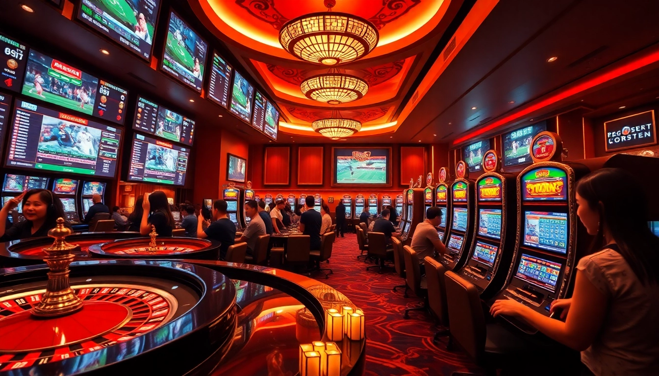 Exciting atmosphere of keobongda sports betting with players at casino tables and slot machines.