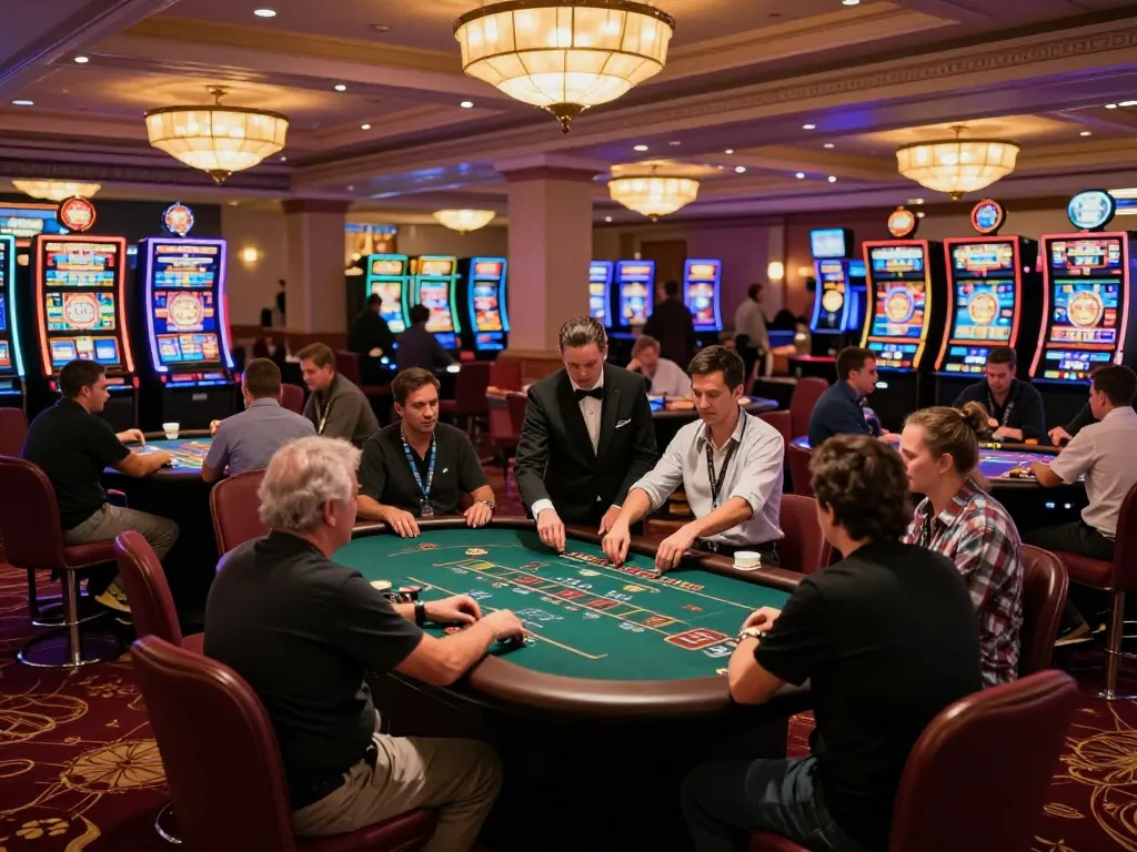 Dynamic casino floor scene featuring blackjack tables and players engaged in gameplay, showcasing lsa thrilling moments in a vibrant environment.