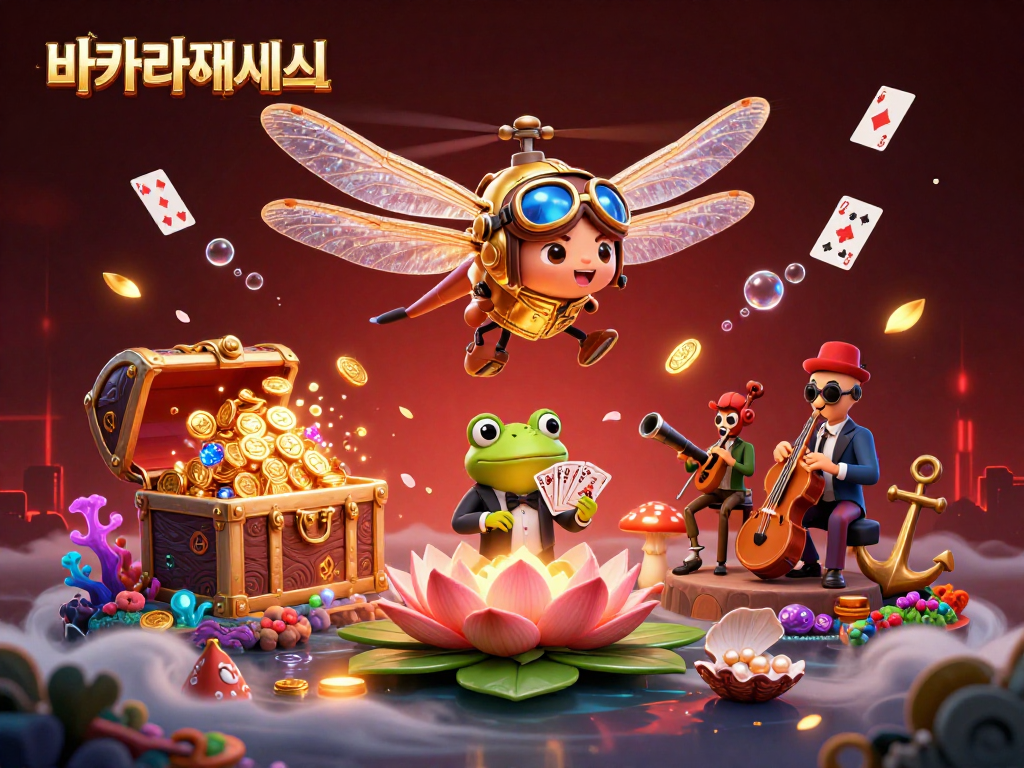 바카라사이트에서 카드 게임을 즐기는 개구리 딜러와 드래곤플라이 조종사의 독특한 장면