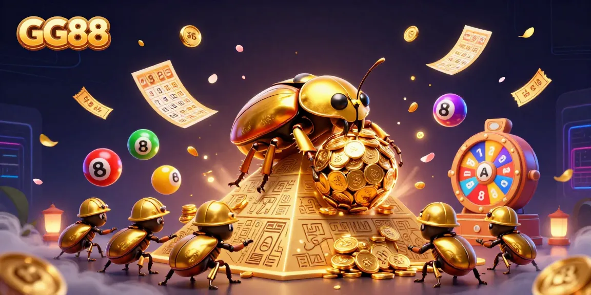 Experience GG88's vibrant online casino world with a giant golden dung beetle and dynamic gaming elements.