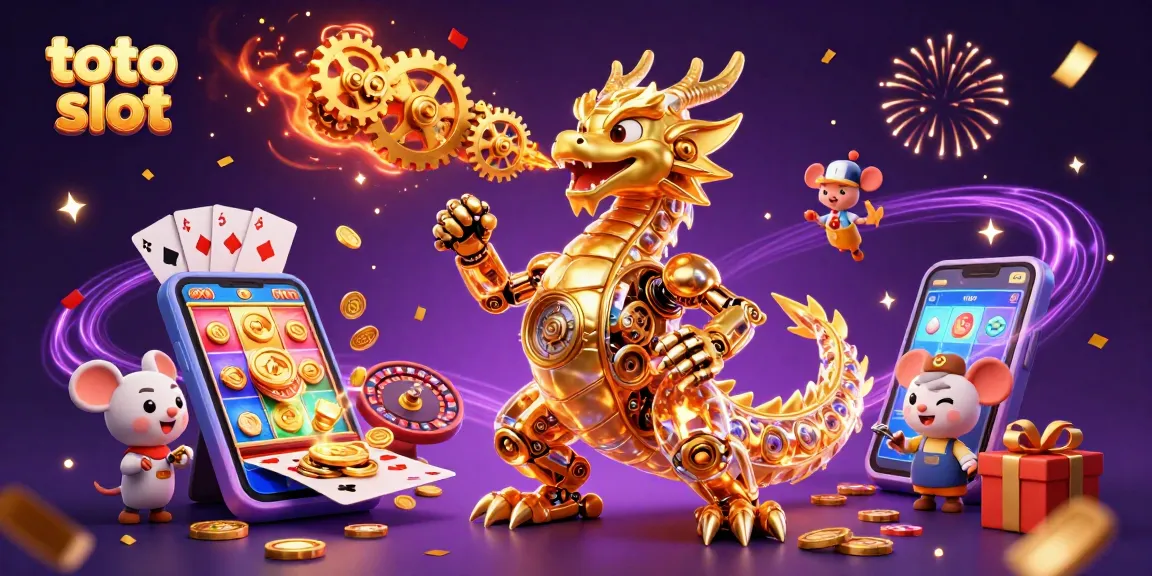 Experience thrilling toto slot action with a golden dragon amid vibrant casino elements and dynamic celebrations.