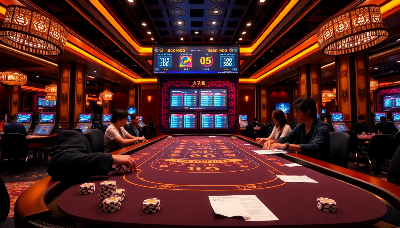 Engaging scene of Tài Xỉu MD5 game, premium casino atmosphere, featuring energetic players and dice.