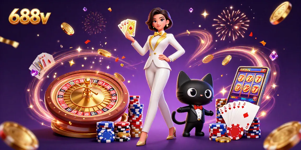 Play games at 688v with stunning casino visuals featuring a glamorous woman and dazzling symbols.