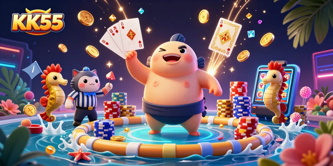 Engage in thrilling gameplay at KK55 with a vibrant underwater casino illustration featuring unique characters and game elements.