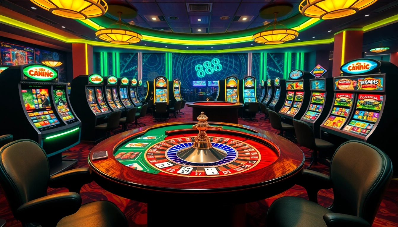 Players enjoying the casino experience at u 888, featuring vibrant tables and slot machines.