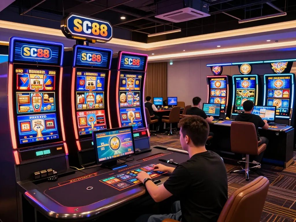 SC88 players enjoying dynamic online casino gaming with vibrant slot screens
