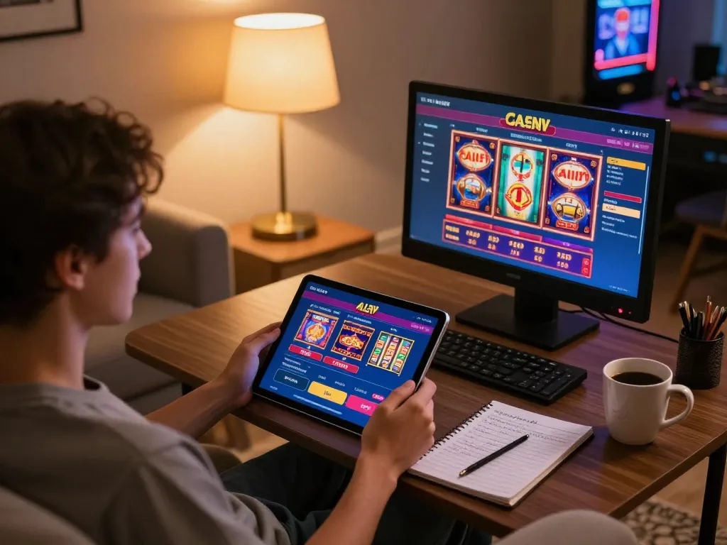 Alev giris to online gaming with user engaged on tablet surrounded by a cozy atmosphere.