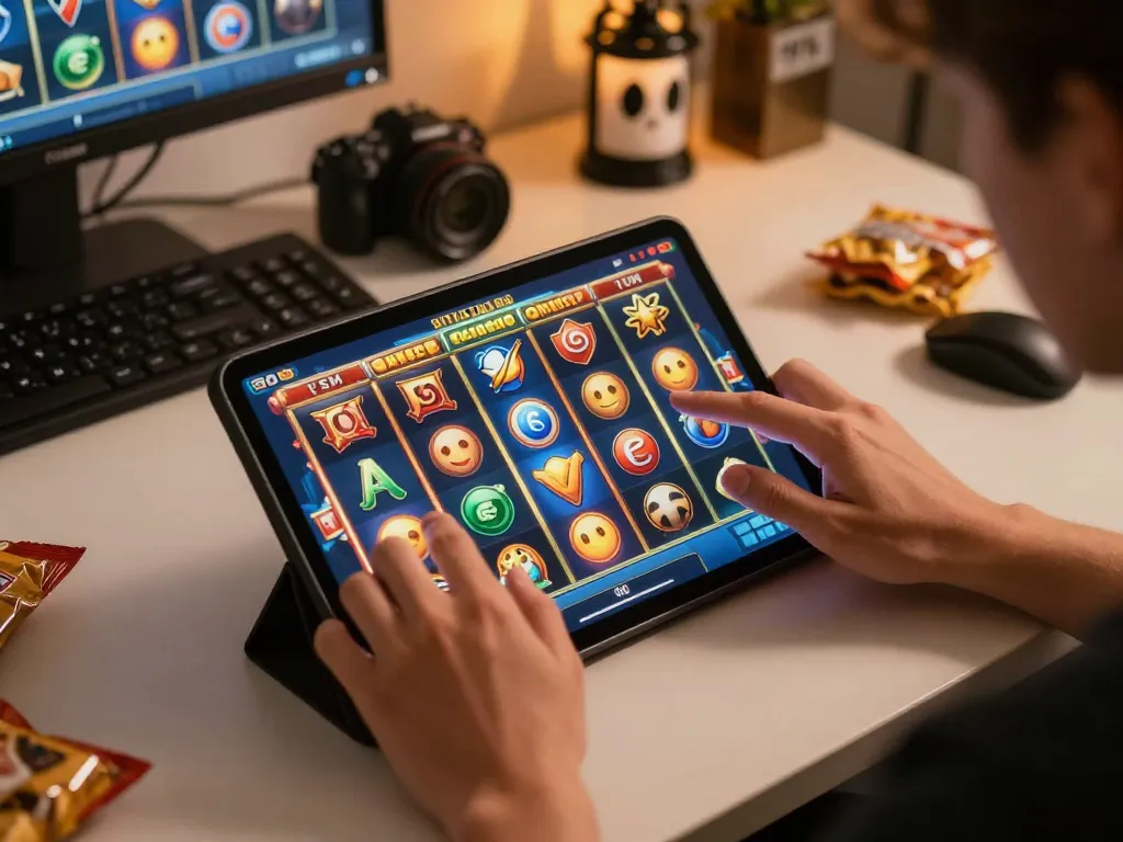 Engaging gameplay on situs slot game displayed on tablet, showcasing exciting reels and colorful symbols.
