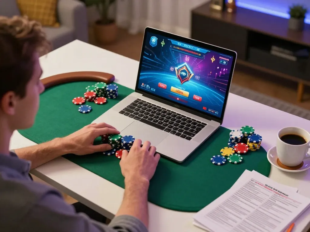 Engaging in a poker game online while exploring ดูหนังใหม่ options on a stylish workspace.