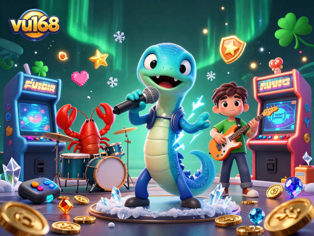 Experience excitement at vu168 with vibrant underwater casino-themed illustration featuring a DJ eel and lively band.
