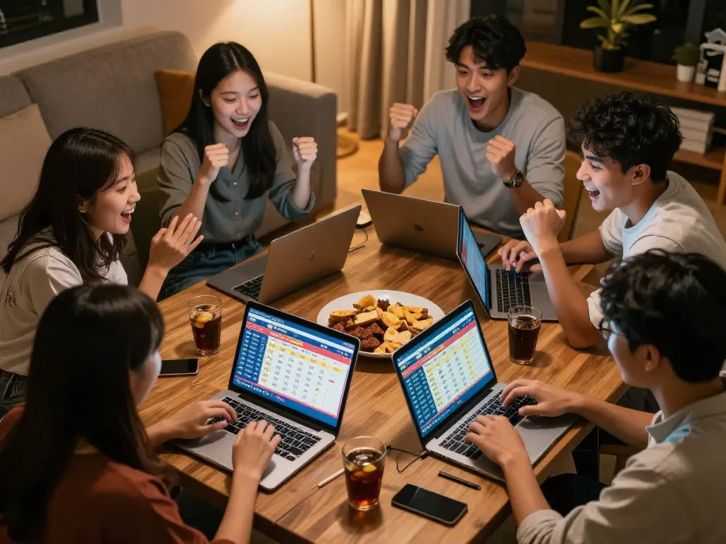 Friends analyzing toto sgp results during an online game night in a cozy living room.
