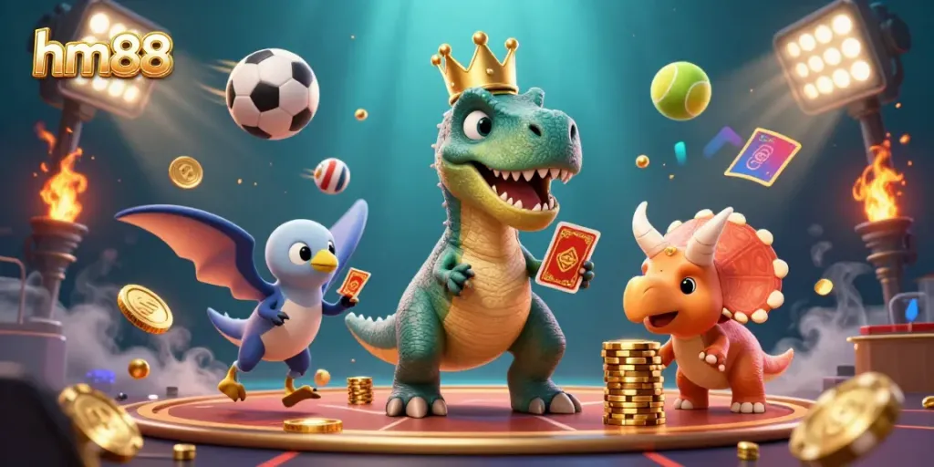 Experience the thrilling gameplay at hm88 with friendly dinosaur characters shuffling cards in a dynamic casino scene.