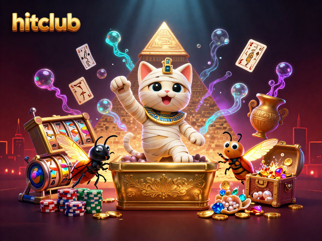 Engage with hitclub's thrilling slot adventures featuring a mummy cat and vibrant casino elements.