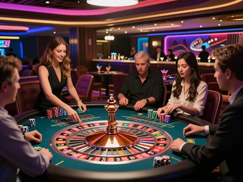 Bàn roulette Lucks8 trong không gian casino sôi động với người chơi tham gia cá cược.