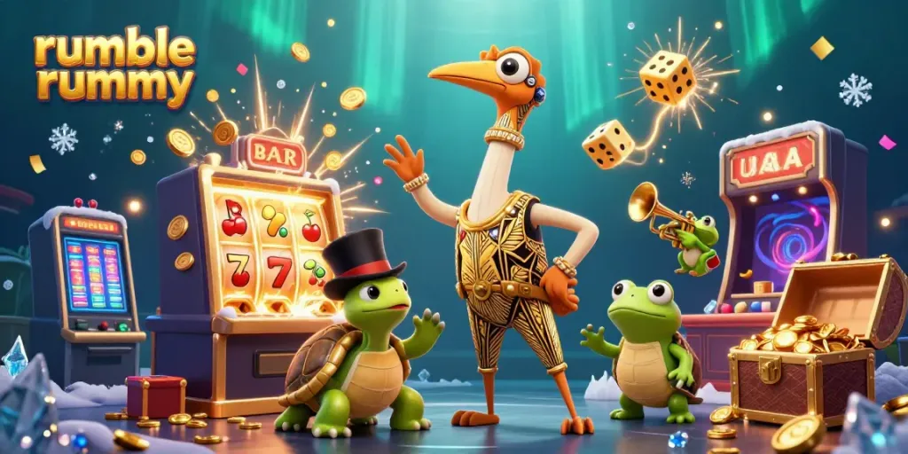 Experience Rumble Rummy with a vibrant 3D illustration showcasing characters at a speakeasy bar amidst dazzling casino elements.