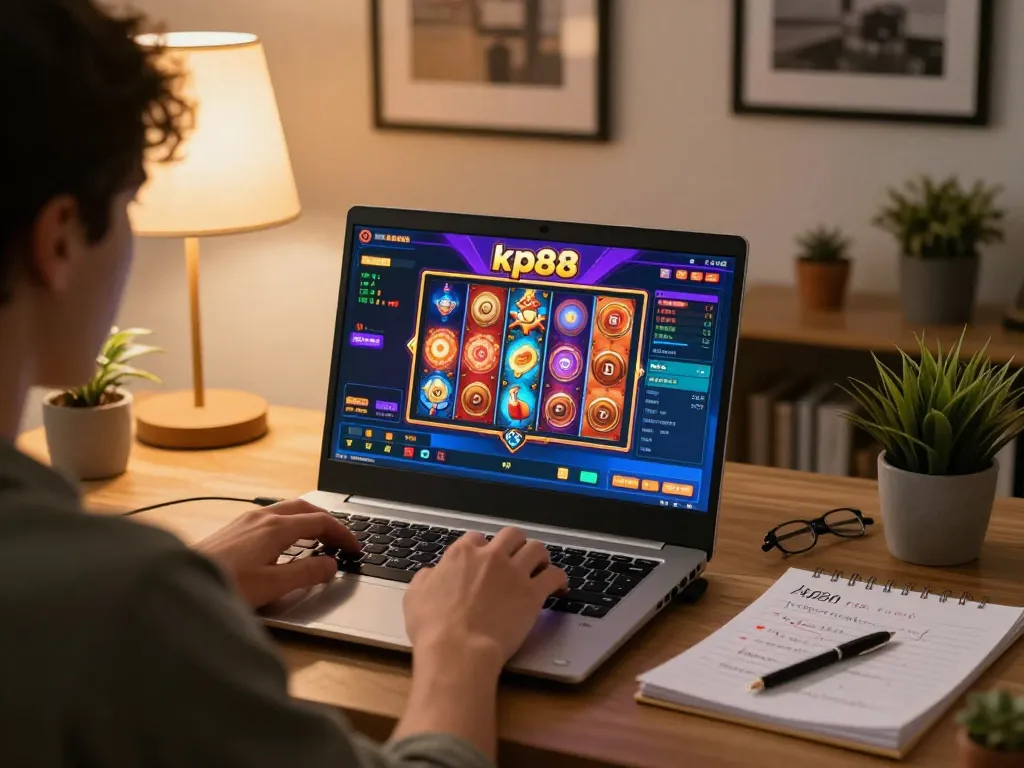 Engaging session of kp88 game on laptop showing exciting slot reels in a cozy home office setting.