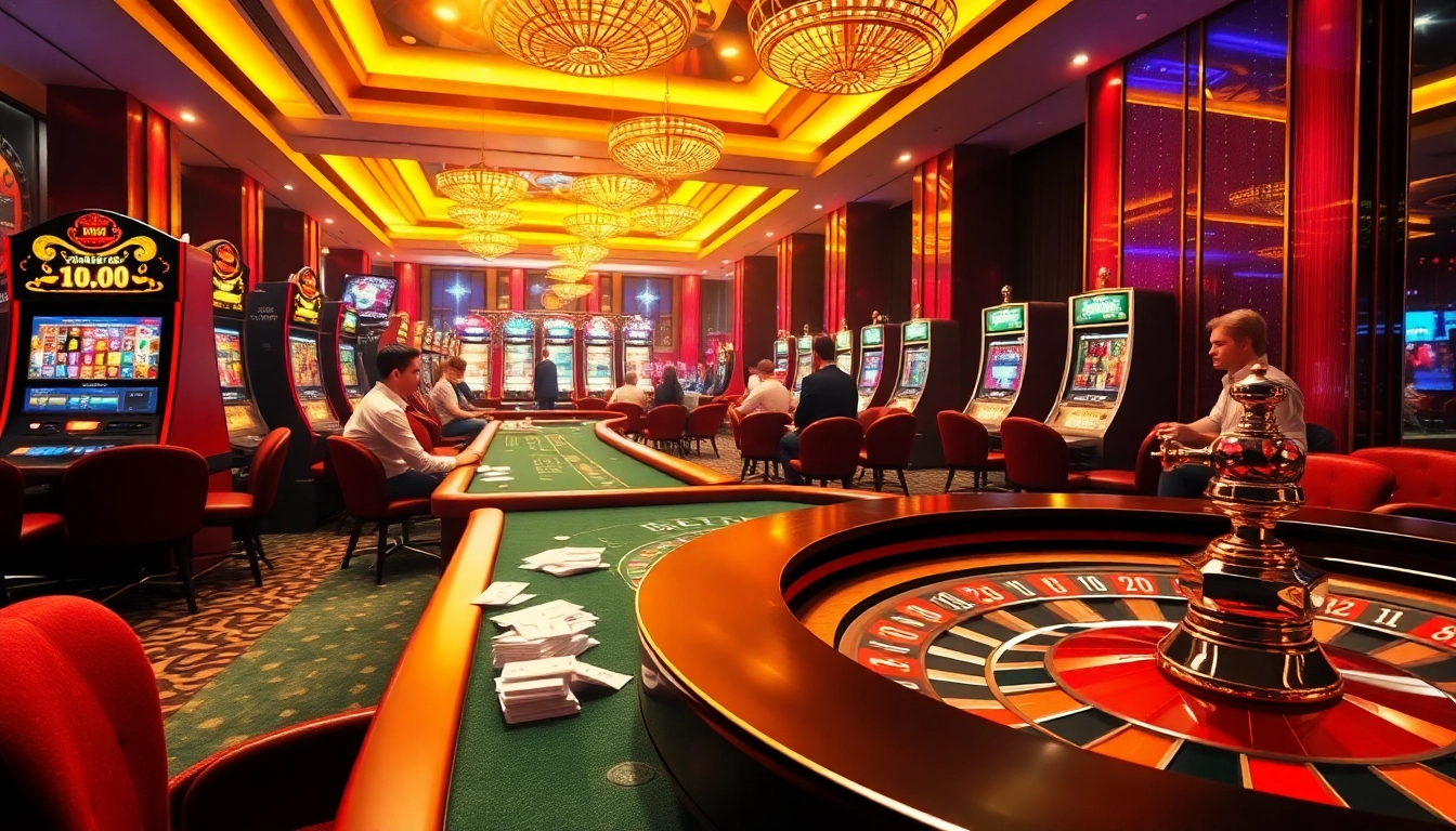 Exciting casino scene showcasing Hi88.com with poker tables, slot machines, and roulette wheels