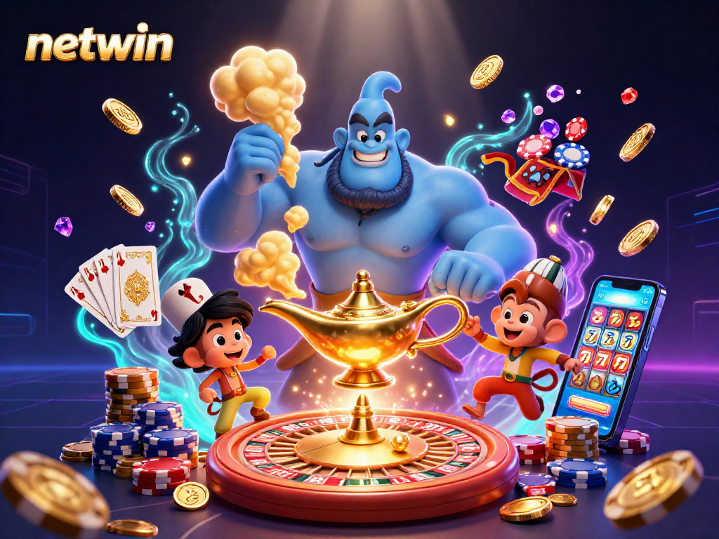 Engage with netwin's vibrant online casino atmosphere featuring a genie, monkey, and dynamic casino elements.
