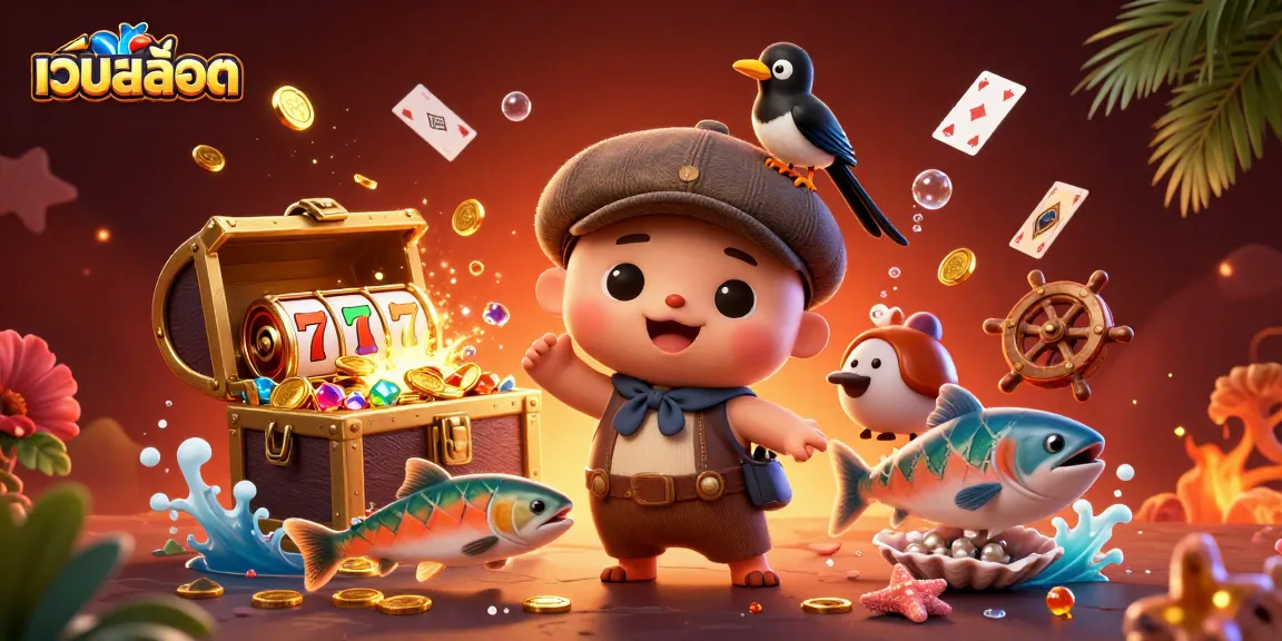 Explore เว็บสล็อต with a vibrant scene featuring Nessie, a playful magpie, and tartan salmon around slot reels.
