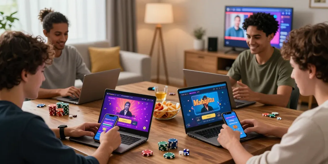 An engaging online gambling atmosphere featuring Mahajitu players interacting with games on various devices while enjoying a cozy environment.