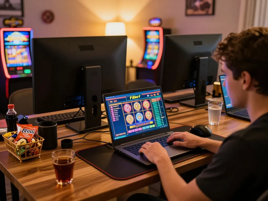 Engaging in online gaming at f8bet with colorful casino interface on screen and cozy atmosphere