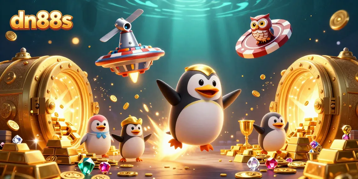 Engage in thrilling gameplay at dn88s with golden penguin astronaut exploring vibrant casino treasures.