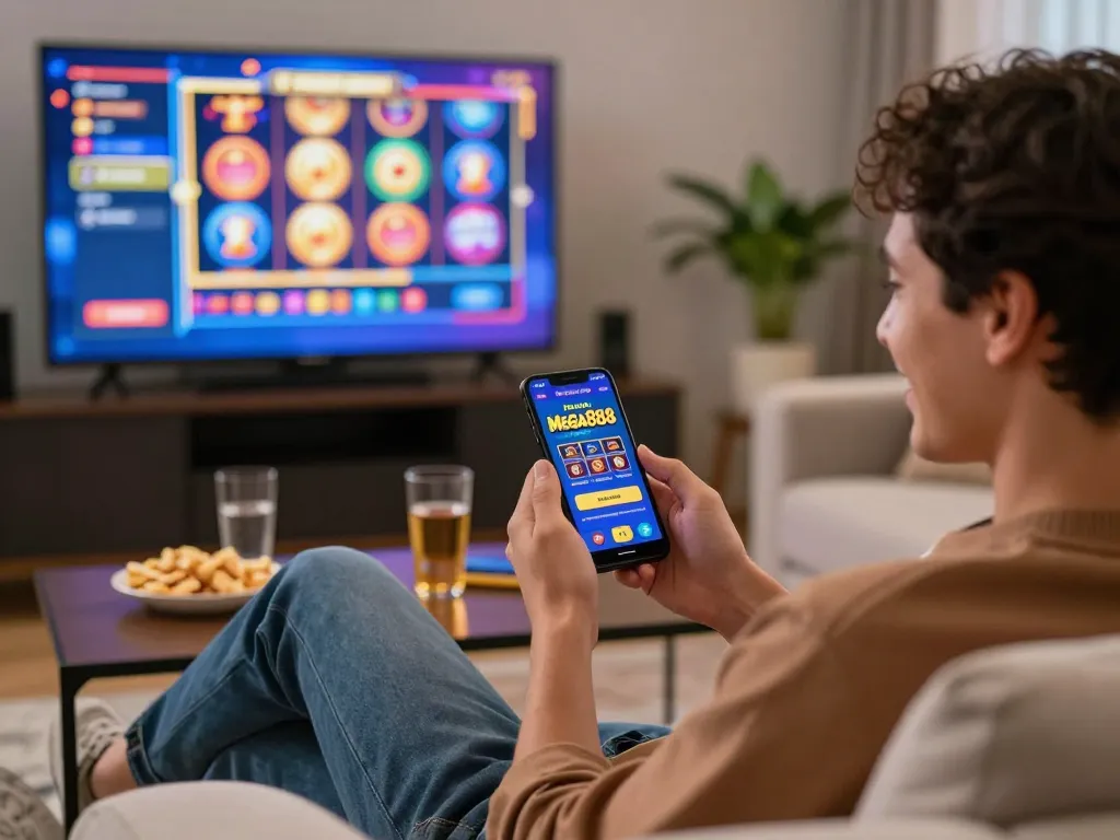 A player engaging with the Mega888 app showcasing free credit mega888 offers in a cozy living room.