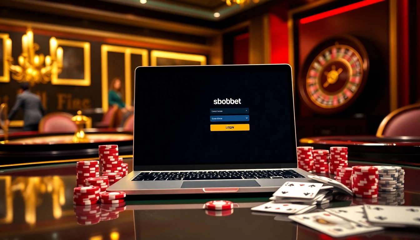 Experience sbobet login excitement at a luxury casino table with poker chips and roulette.
