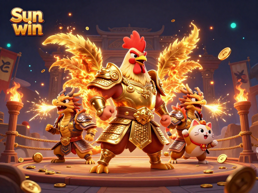 Sun win features a cartoon rooster warrior, dragon hatchling, and fortune cat amidst dynamic casino action.