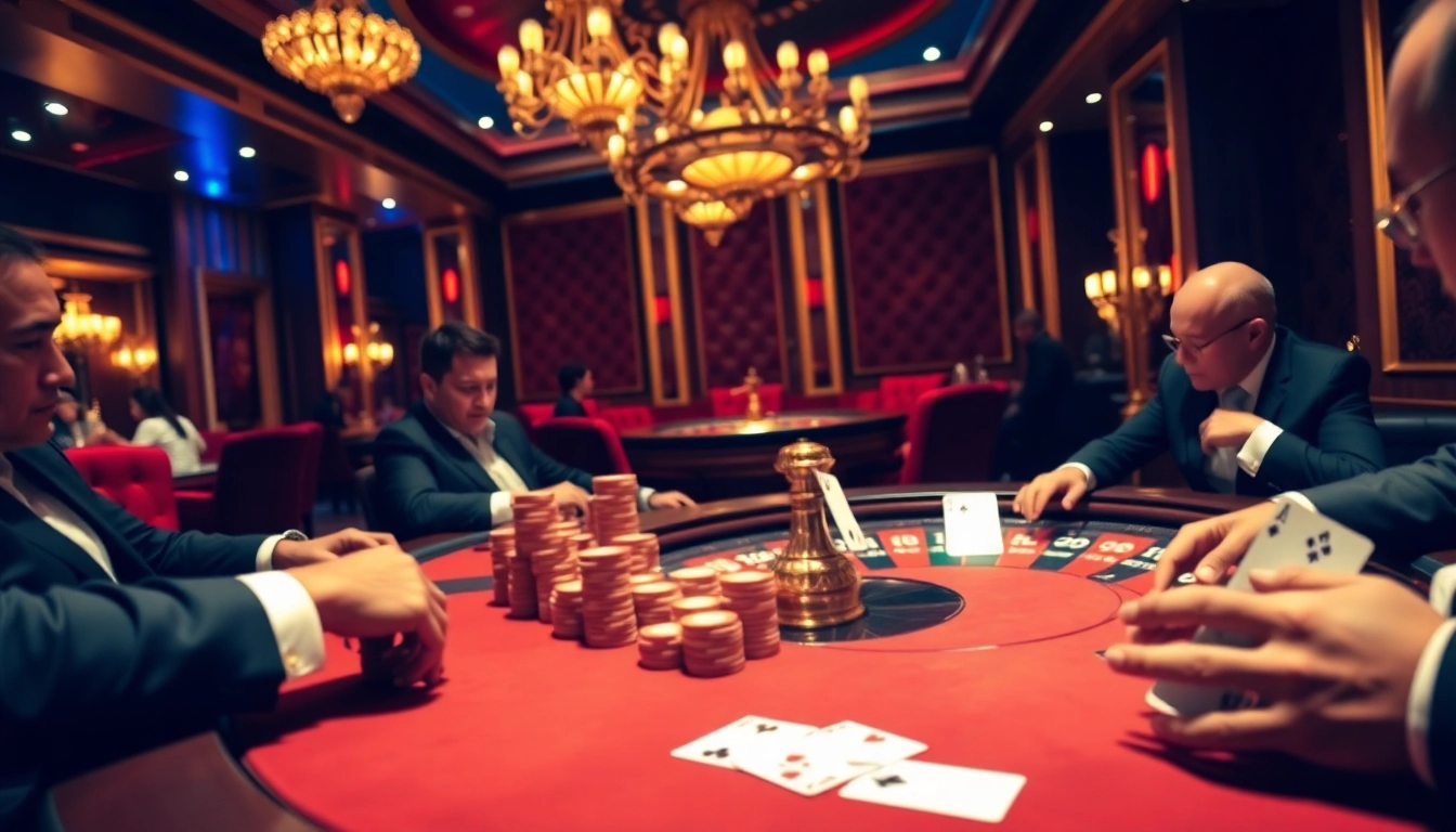 An engaging casino scene at https://hanoiculturetravel.com/ showcasing poker players competing with chips and cards in a luxurious atmosphere.