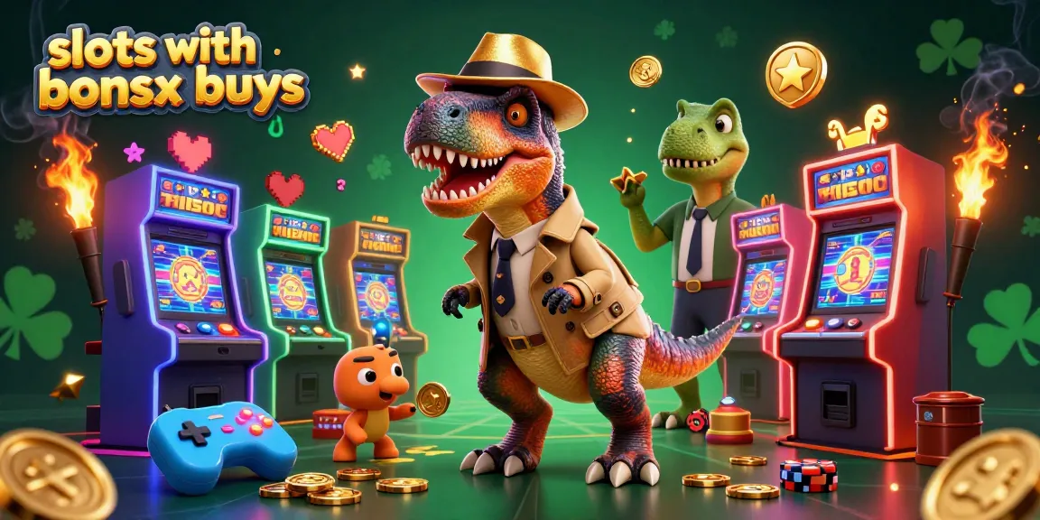 Engage with slots with bonus buys through an exciting 3D illustration featuring a velociraptor at a slot machine.